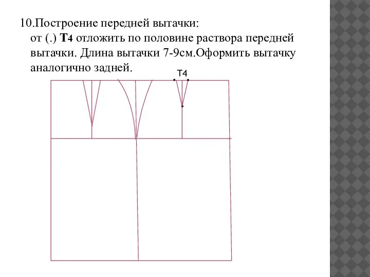 10.Построение передней вытачки: от (.) Т4 отложить по половине раствора передней вытачки.