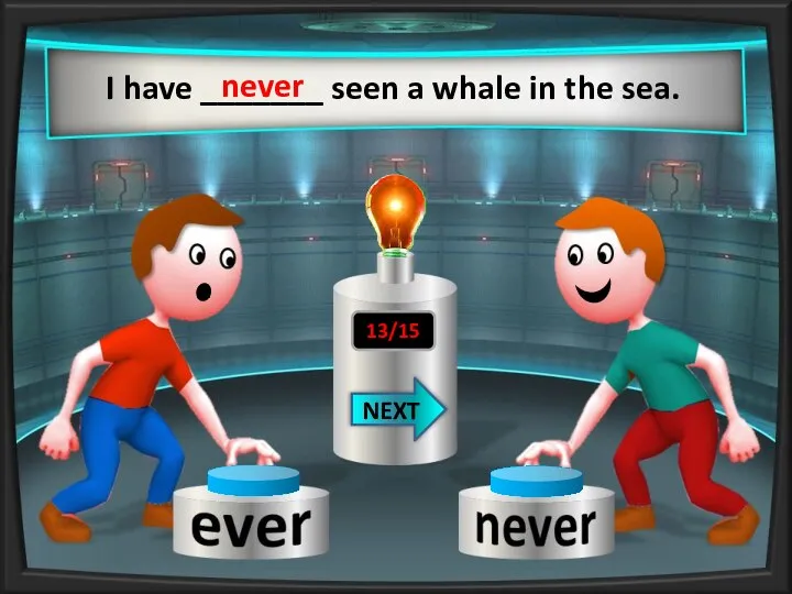 I have _______ seen a whale in the sea. never NEXT 13/15