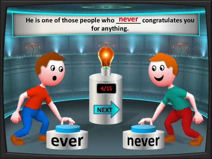 He is one of those people who _______ congratulates you for anything. never NEXT 4/15