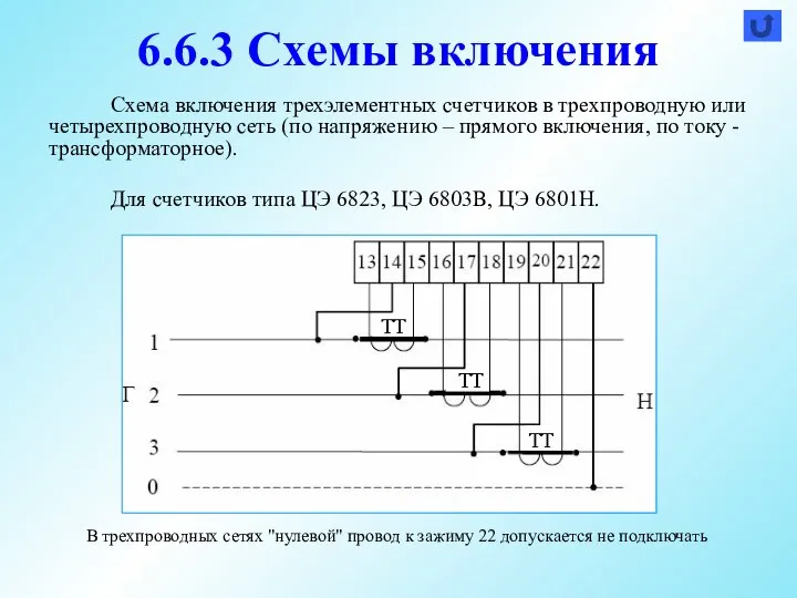 6.6.3 Схемы включения Схема включения трехэлементных счетчиков в трехпроводную или четырехпроводную сеть