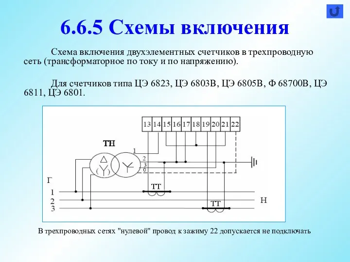 6.6.5 Схемы включения Схема включения двухэлементных счетчиков в трехпроводную сеть (трансформаторное по