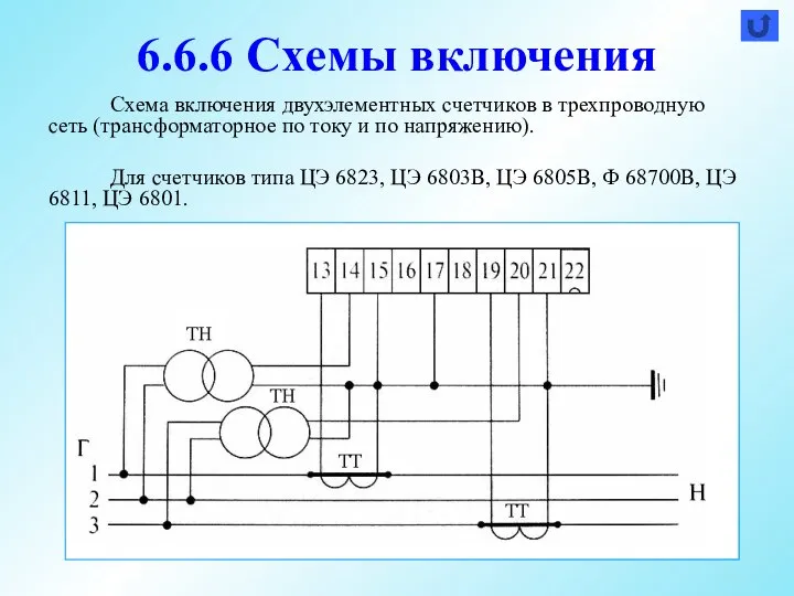 6.6.6 Схемы включения Схема включения двухэлементных счетчиков в трехпроводную сеть (трансформаторное по