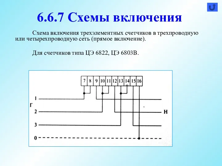 6.6.7 Схемы включения Схема включения трехэлементных счетчиков в трехпроводную или четырехпроводную сеть