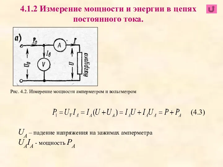 Рис. 4.2. Измерение мощности амперметром и вольтметром UА – падение напряжения на