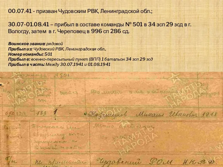 00.07.41 - призван Чудовским РВК, Ленинградской обл.; 30.07-01.08.41 – прибыл в составе