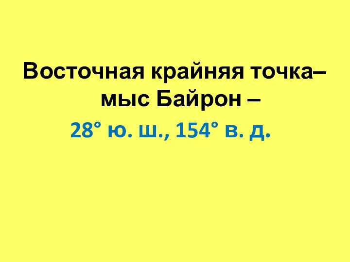 Восточная крайняя точка– мыс Байрон – 28° ю. ш., 154° в. д.