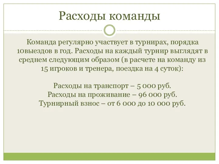 Расходы команды Команда регулярно участвует в турнирах, порядка 10выездов в год. Расходы