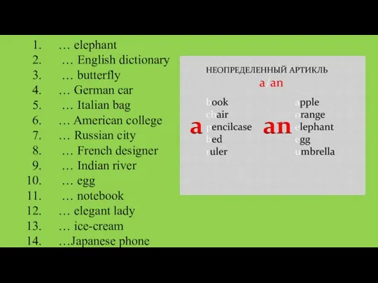 … elephant … English dictionary … butterfly … German car … Italian