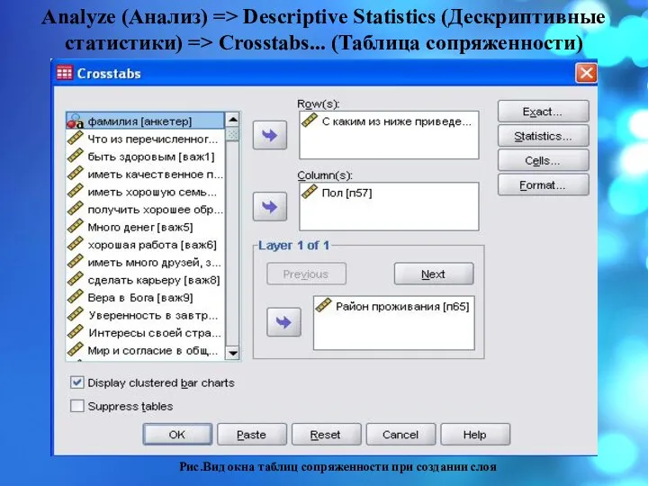 Analyze (Анализ) => Descriptive Statistics (Дескриптивные статистики) => Crosstabs... (Таблица сопряженности) Рис.Вид