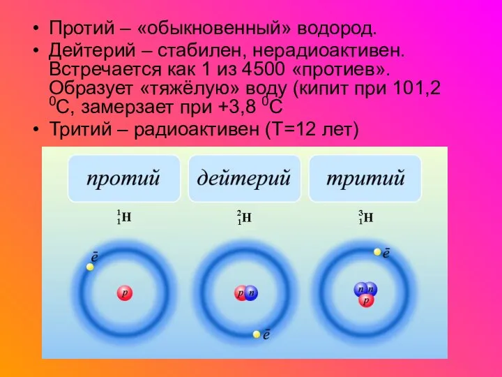 Протий – «обыкновенный» водород. Дейтерий – стабилен, нерадиоактивен. Встречается как 1 из