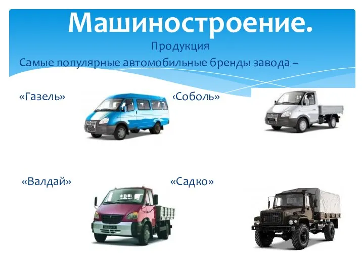 Продукция Самые популярные автомобильные бренды завода – «Газель» «Соболь» «Валдай» «Садко» Машиностроение.