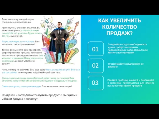 01 02 03 Создавайте острую необходимость купить продукт выгодными предложениями и доказательством