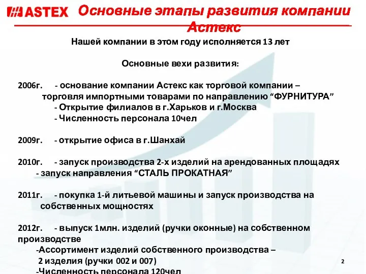 Основные этапы развития компании Астекс Нашей компании в этом году исполняется 13