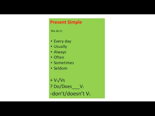 Present Simple We do it: Every day Usually Always Often Sometimes Seldom
