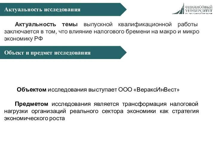 Актуальность исследования Объект и предмет исследования Актуальность темы выпускной квалификационной работы заключается