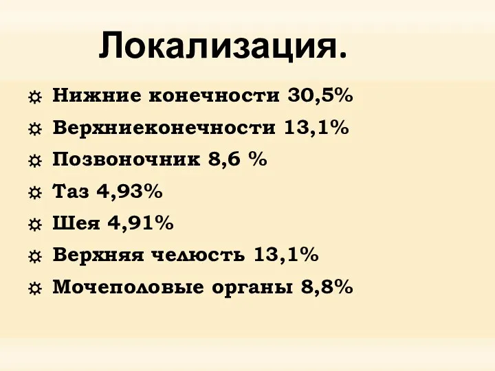 Локализация. Нижние конечности 30,5% Верхниеконечности 13,1% Позвоночник 8,6 % Таз 4,93% Шея