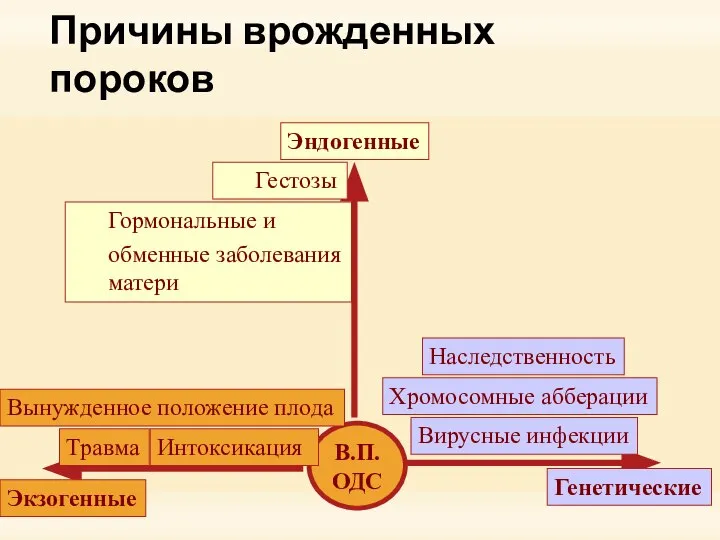 Причины врожденных пороков В.П. ОДС Экзогенные Эндогенные Генетические Травма Интоксикация Вынужденное положение