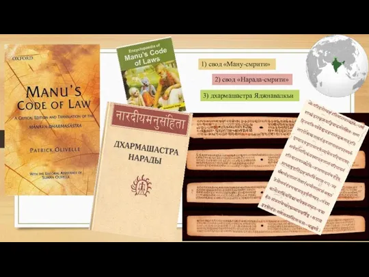 2) свод «Нарада-смрити» 3) дхармашастра Яджнавалкьи 1) свод «Ману-смрити»