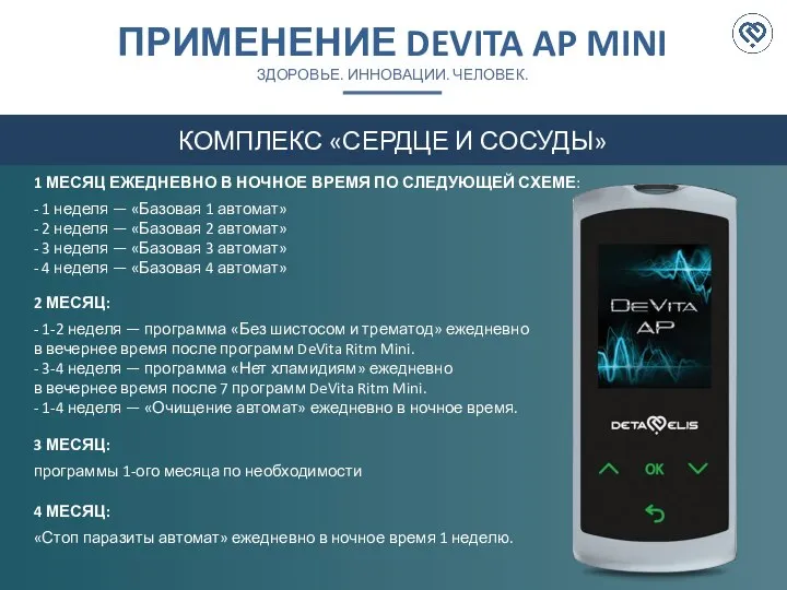 ПРИМЕНЕНИЕ DEVITA AP MINI ЗДОРОВЬЕ. ИННОВАЦИИ. ЧЕЛОВЕК. КОМПЛЕКС «СЕРДЦЕ И СОСУДЫ» 1