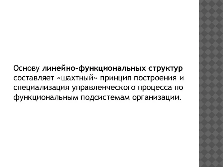 Основу линейно-функциональных структур составляет «шахтный» принцип построения и специализация управленческого процесса по функциональным подсистемам организации.