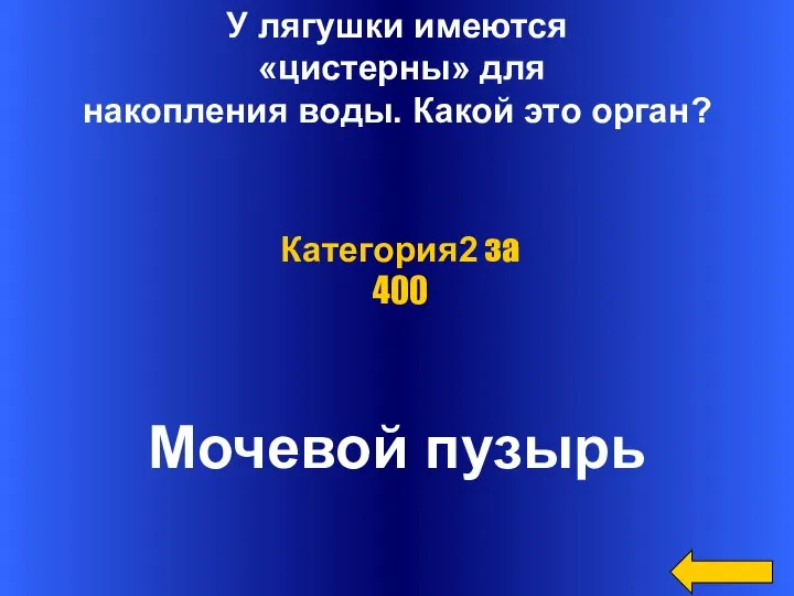 У лягушки имеются «цистерны» для накопления воды. Какой это орган? Мочевой пузырь Категория2 за 400