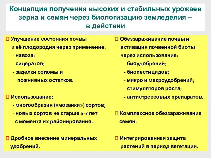 Концепция получения высоких и стабильных урожаев зерна и семян через биологизацию земледелия – в действии