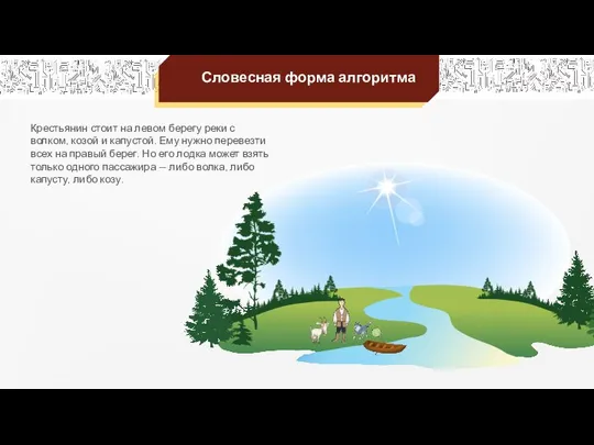 Словесная форма алгоритма Крестьянин стоит на левом берегу реки с волком, козой