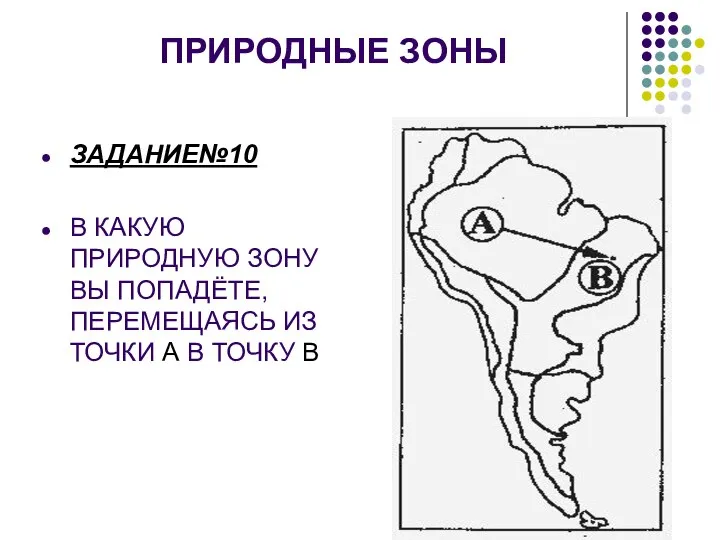 ПРИРОДНЫЕ ЗОНЫ ЗАДАНИЕ№10 В КАКУЮ ПРИРОДНУЮ ЗОНУ ВЫ ПОПАДЁТЕ, ПЕРЕМЕЩАЯСЬ ИЗ ТОЧКИ А В ТОЧКУ В