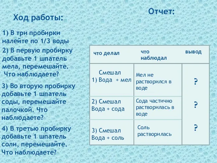 Ход работы: 1) В три пробирки налейте по 1/3 воды 2) В