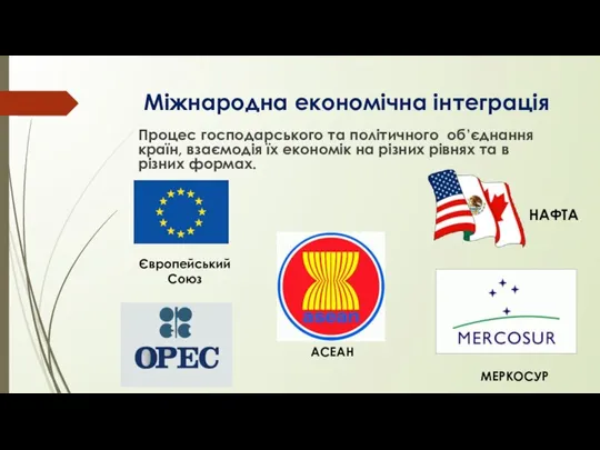 Міжнародна економічна інтеграція Процес господарського та політичного об’єднання країн, взаємодія їх економік