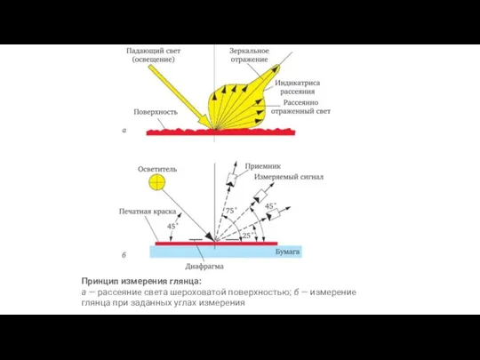 Принцип измерения глянца: а — рассеяние света шероховатой поверхностью; б — измерение