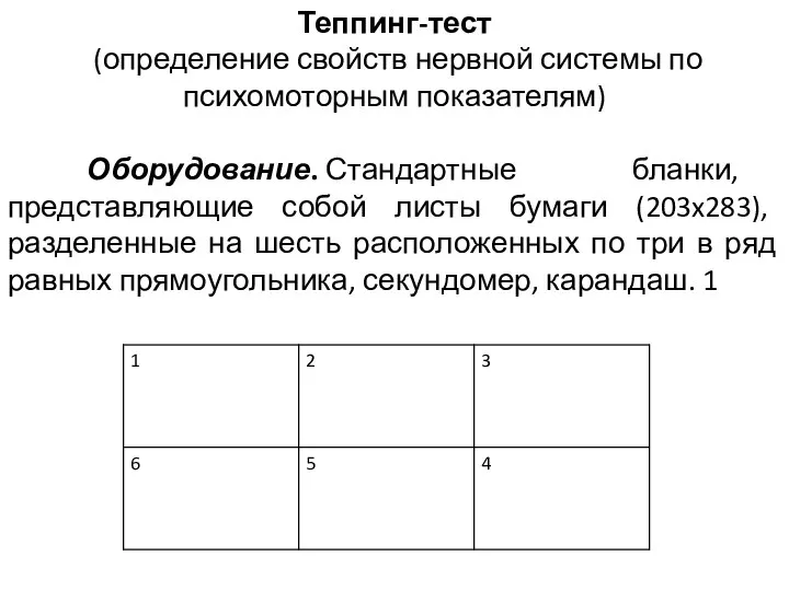 Теппинг-тест (определение свойств нервной системы по психомоторным показателям) Оборудование. Стандартные бланки, представляющие