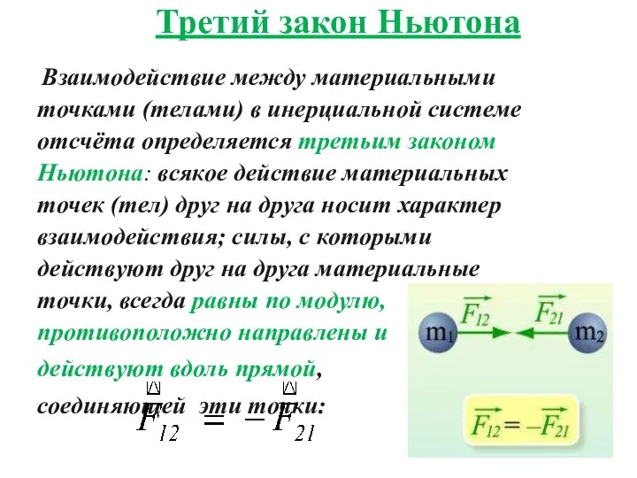 Третий закон Ньютона Взаимодействие между материальными точками (телами) в инерциальной системе отсчёта