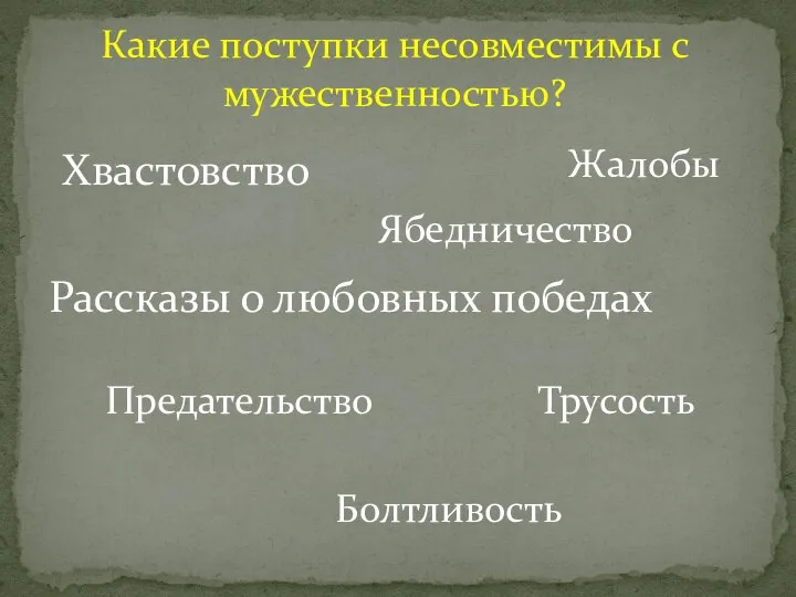 Какие поступки несовместимы с мужественностью? Хвастовство Рассказы о любовных победах Жалобы Трусость Ябедничество Предательство Болтливость