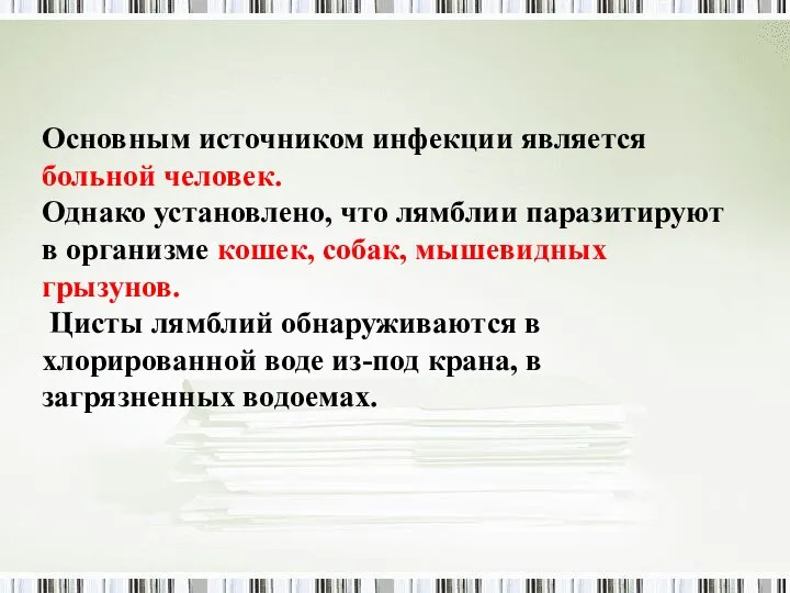 Основным источником инфекции является больной человек. Однако установлено, что лямблии паразитируют в