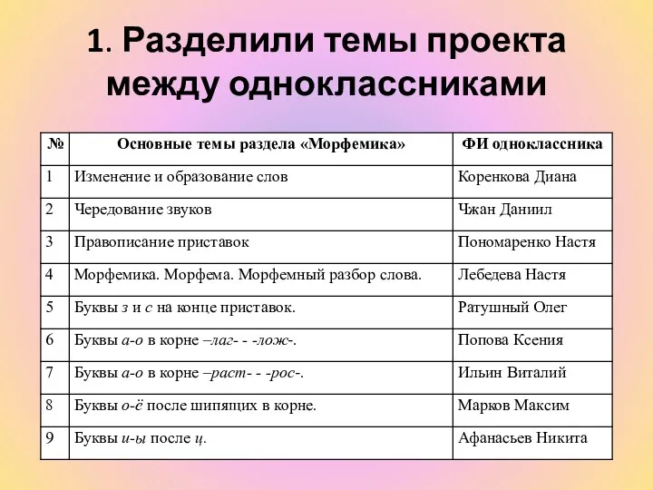 1. Разделили темы проекта между одноклассниками