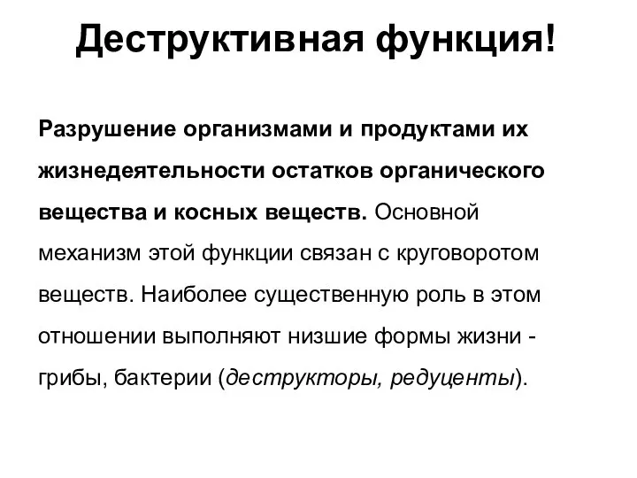 Деструктивная функция! Разрушение организмами и продуктами их жизнедеятельности остатков органического вещества и