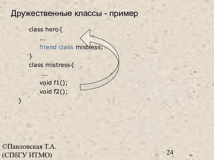 ©Павловская Т.А. (СПбГУ ИТМО) class hero{ ... friend class mistress; } class
