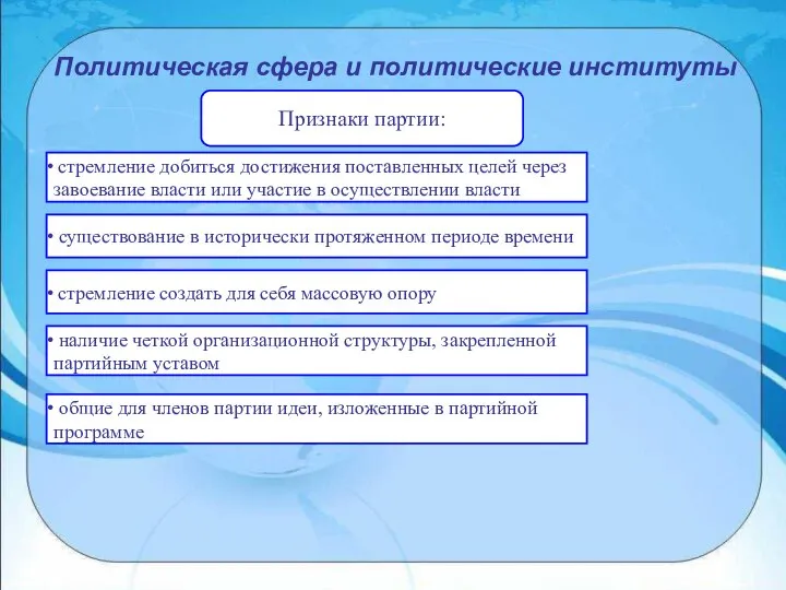 Политическая сфера и политические институты стремление добиться достижения поставленных целей через завоевание