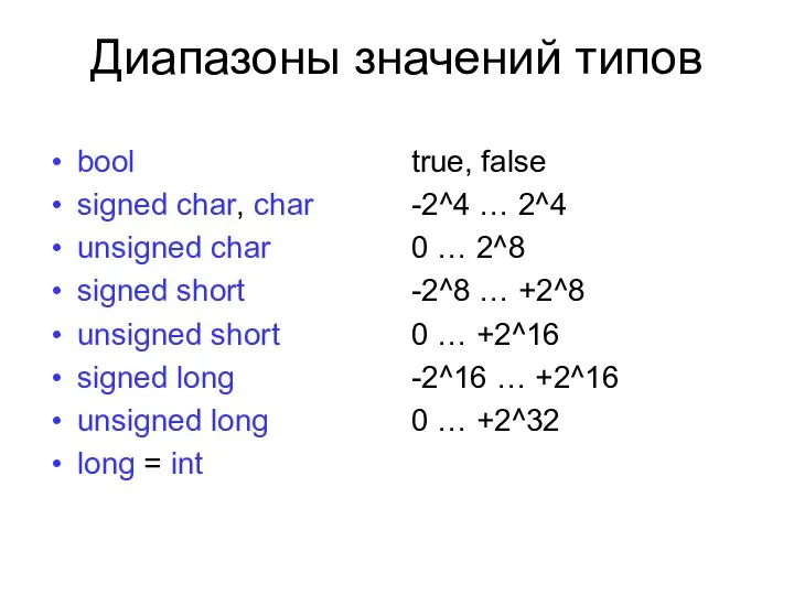 Диапазоны значений типов bool signed char, char unsigned char signed short unsigned