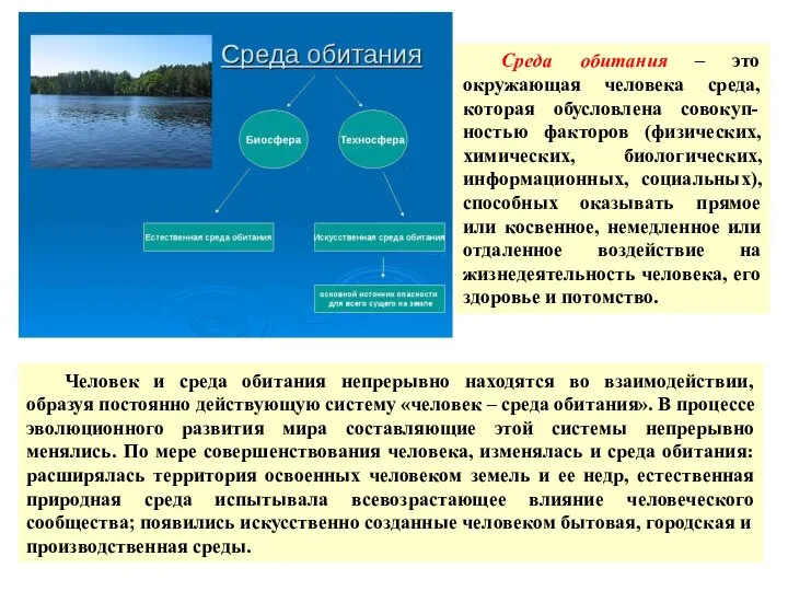 Среда обитания – это окружающая человека среда, которая обусловлена совокуп-ностью факторов (физических,