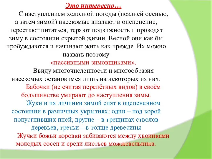 Это интересно… С наступлением холодной погоды (поздней осенью, а затем зимой) насекомые