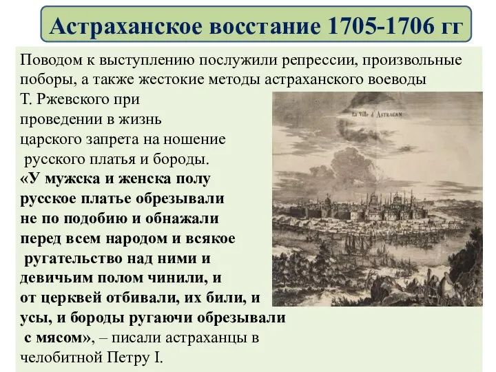 Поводом к выступлению послужили репрессии, произвольные поборы, а также жестокие методы астраханского