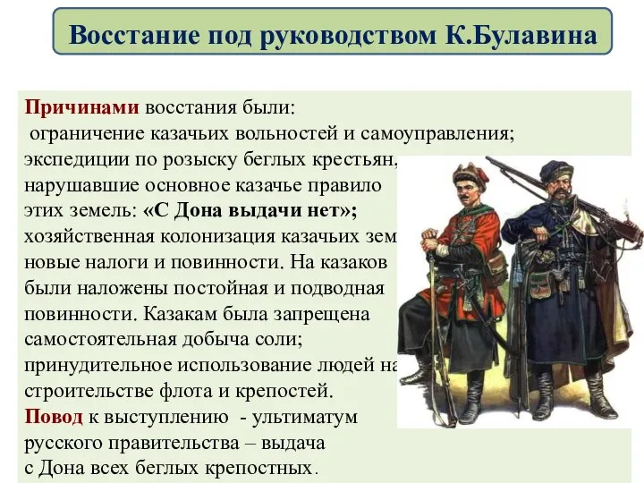 Причинами восстания были: ограничение казачьих вольностей и самоуправления; экспедиции по розыску беглых