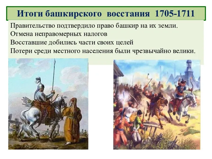 Итоги башкирского восстания 1705-1711 Правительство подтвердило право башкир на их земли. Отмена