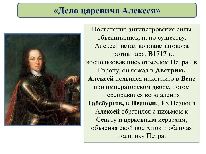 Постепенно антипетровские силы объединились, и, по существу, Алексей встал во главе заговора