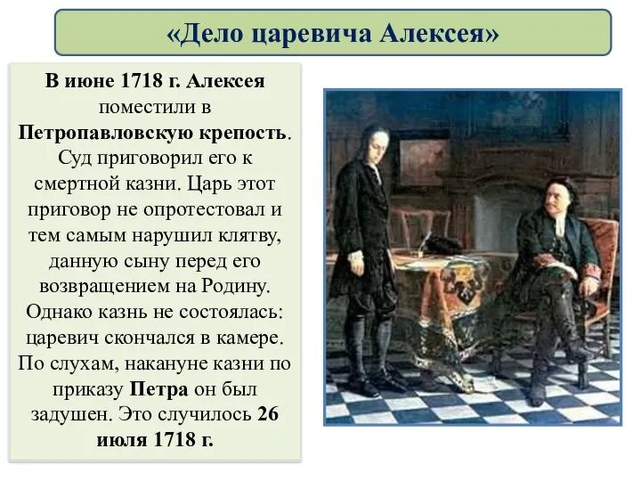 В июне 1718 г. Алексея поместили в Петропавловскую крепость. Суд приговорил его