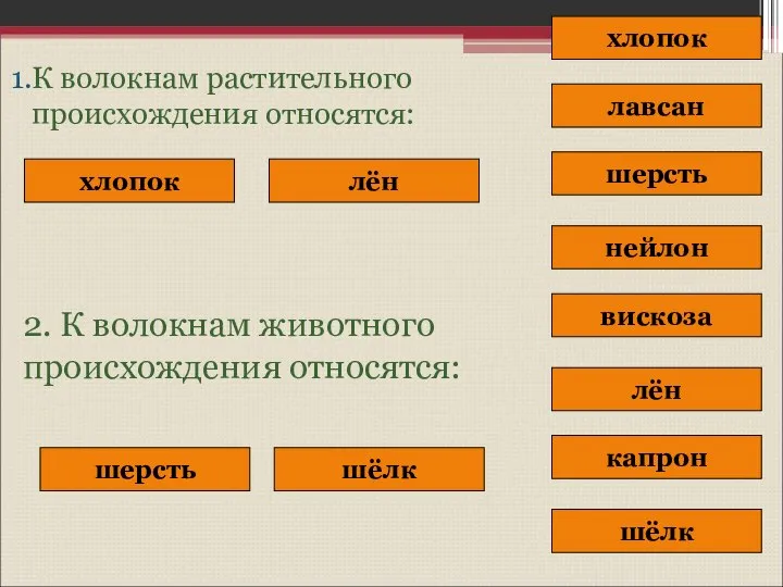 К волокнам растительного происхождения относятся: хлопок лён вискоза шерсть шёлк лавсан капрон