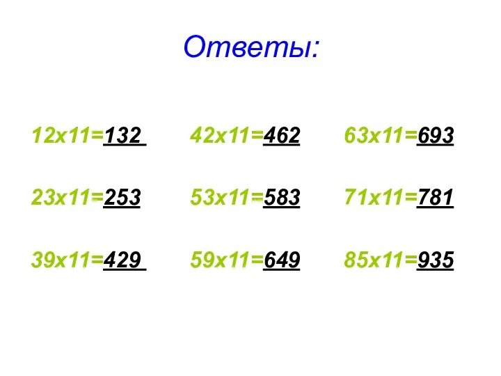 Ответы: 12х11=132 42х11=462 63х11=693 23х11=253 53х11=583 71х11=781 39х11=429 59х11=649 85х11=935