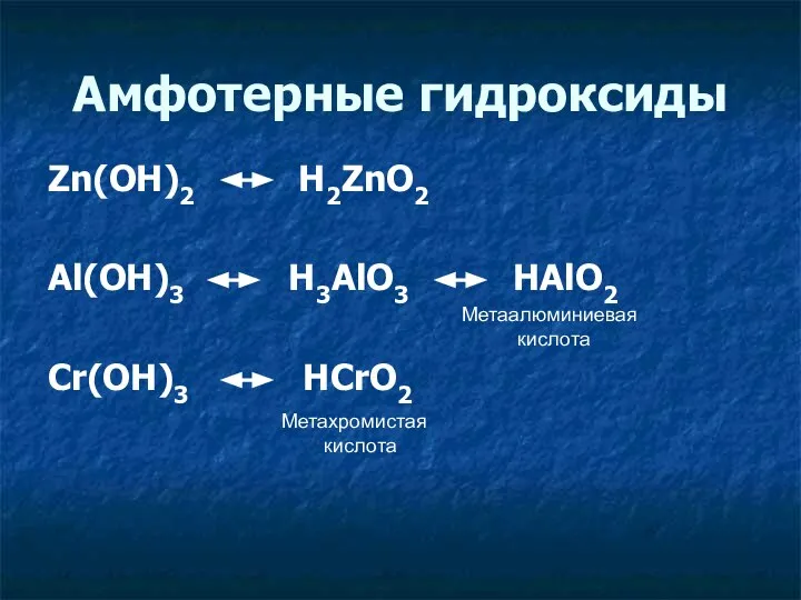 Амфотерные гидроксиды Zn(OH)2 H2ZnO2 Al(OH)3 H3AlO3 HAlO2 Cr(OH)3 HCrO2 Метаалюминиевая кислота Метахромистая кислота